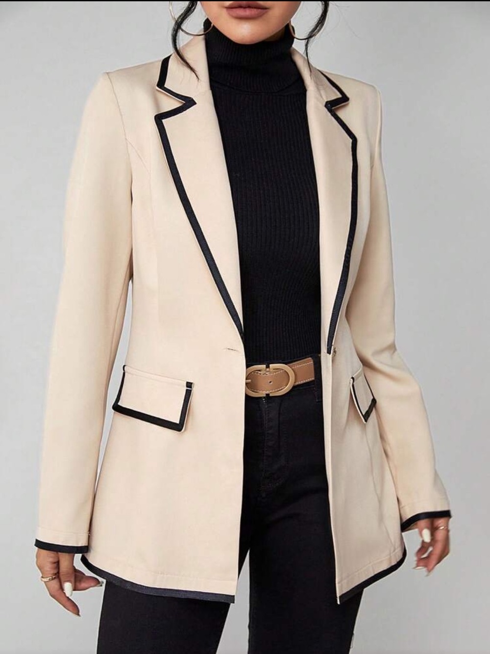 SHEIN Beige Blazer with Black Contrast Trim